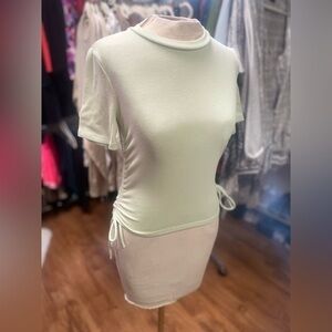 ZARA Ribbed Ruched Side Top Light Green Stretch Short Sleeve Tee